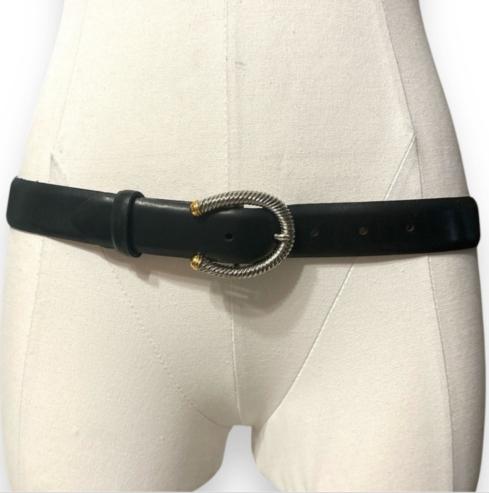 VINTAGE Italian Calfskin Leather Belt Two-Tone Cable Cuff Buckle